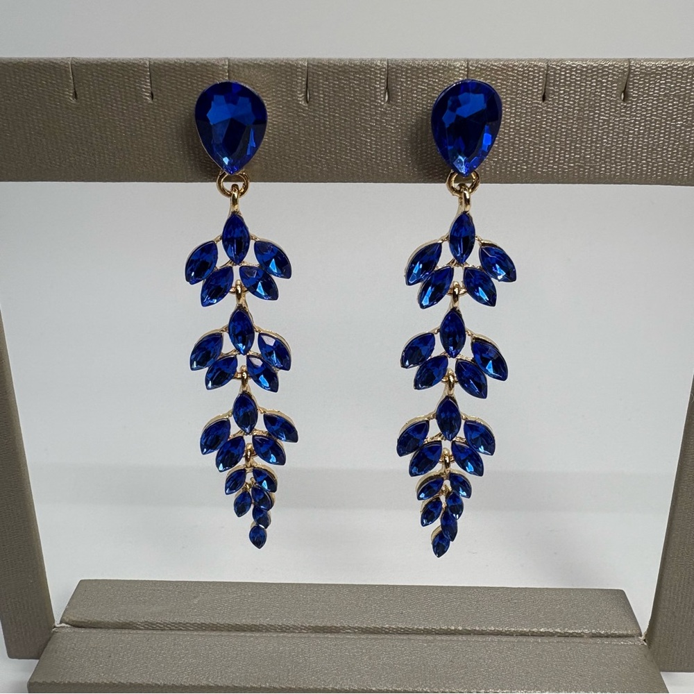 Long Blue Crystal Rhinestone Dangle Leaf Pageant Party Earrings